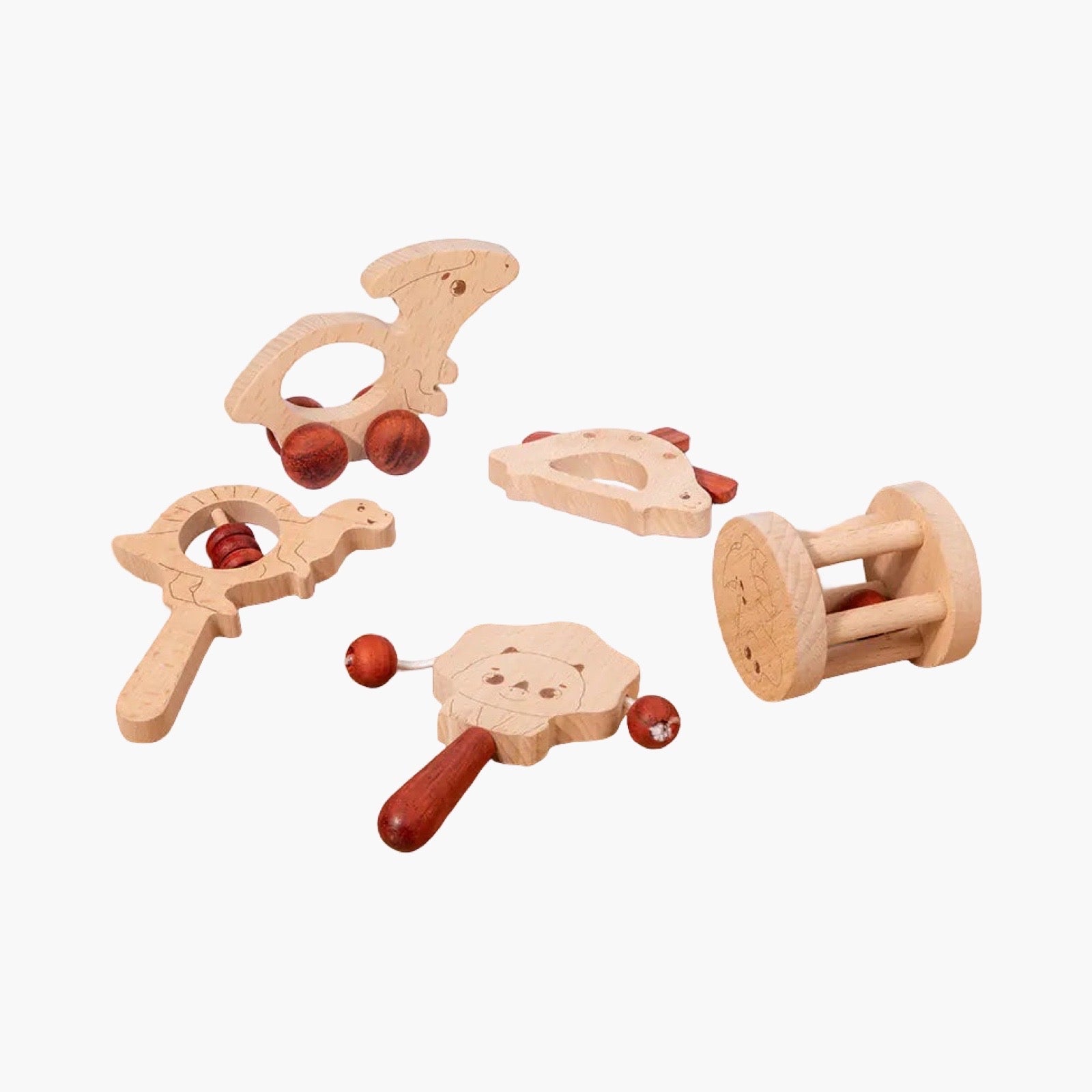 Houten Baby Rammelaars – Montessori Speelgoed in Dino Stijl (Set van 5) BabyEmpire
