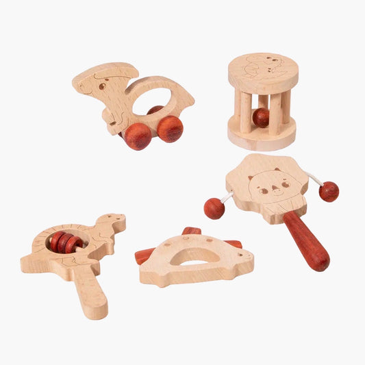 Houten Baby Rammelaars – Montessori Speelgoed in Dino Stijl (Set van 5) BabyEmpire