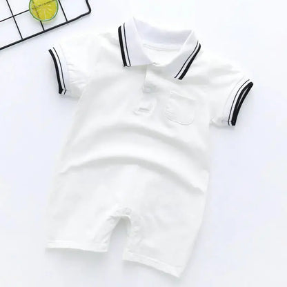 Witte unisex jumpsuit met polo-kraag van katoen, perfect voor warme dagen baby peuter